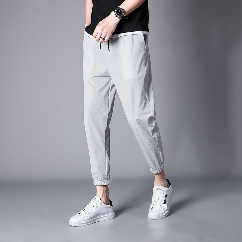 Pantaloni sport casual pentru bărbați, croi larg, lungime cropped, nailon elastic, uscare rapidă, închidere cu șnur