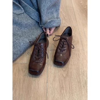 Pantofi de piele pentru femei, stil preppy, cu vârf pătrat, șireturi, toc mic 1–3 cm, partea superioară din două straturi de piele de vită, piele vopsită cu apă
