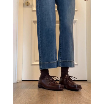 Pantofi de piele pentru femei, stil preppy, cu vârf pătrat, șireturi, toc mic 1–3 cm, partea superioară din două straturi de piele de vită, piele vopsită cu apă