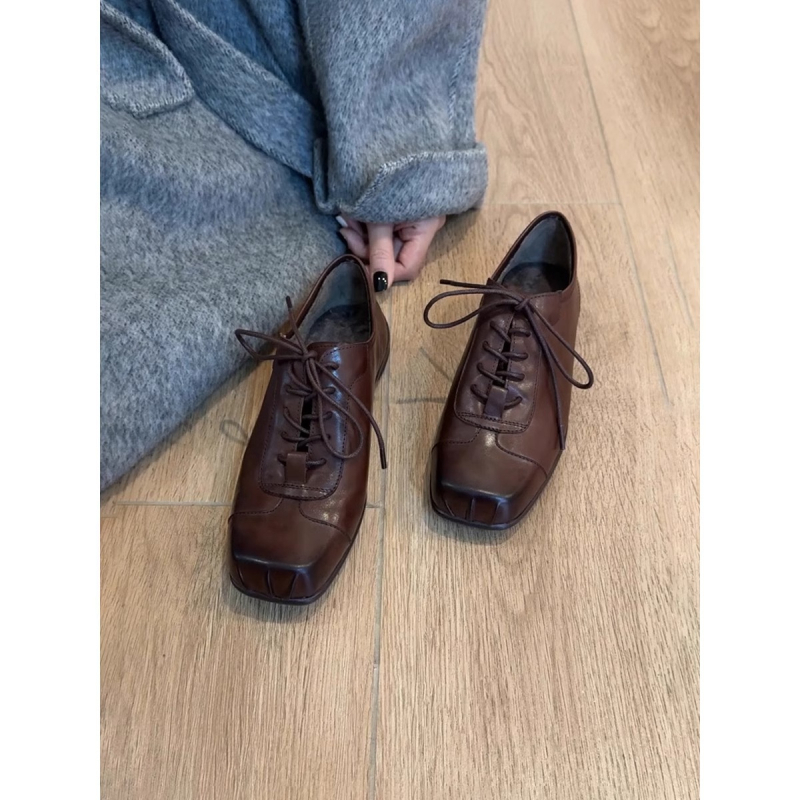 Pantofi de piele pentru femei, stil preppy, cu vârf pătrat, șireturi, toc mic 1–3 cm, partea superioară din două straturi de piele de vită, piele vopsită cu apă