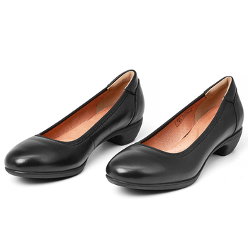 Pantofi eleganți pentru femei din piele de vițel, vârf rotund, talpă de cauciuc, toc gros mediu (3–5 cm), respirabili