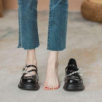 Δερμάτινες γυναικείες μοκασίνες με φαρδύ τακούνι, τετράγωνη μύτη, Slip-on, σόλα από καουτσούκ, βρετανικό στυλ