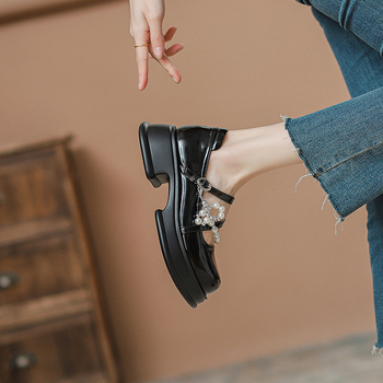 Δερμάτινες γυναικείες μοκασίνες με φαρδύ τακούνι, τετράγωνη μύτη, Slip-on, σόλα από καουτσούκ, βρετανικό στυλ