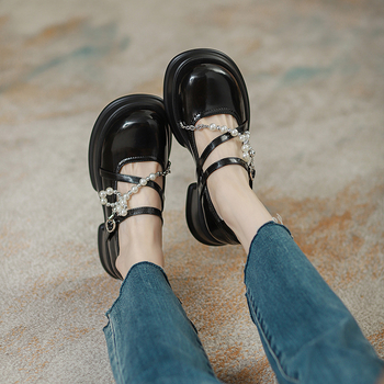 Δερμάτινες γυναικείες μοκασίνες με φαρδύ τακούνι, τετράγωνη μύτη, Slip-on, σόλα από καουτσούκ, βρετανικό στυλ