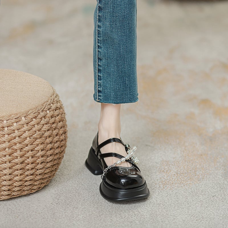 Δερμάτινες γυναικείες μοκασίνες με φαρδύ τακούνι, τετράγωνη μύτη, Slip-on, σόλα από καουτσούκ, βρετανικό στυλ