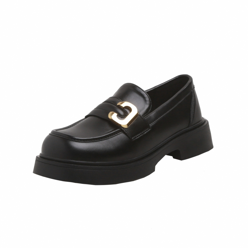 Ženske kožne loaferice — zaobljeni vrh, gornji dio od kože s kvadratnom kopčom, 3–5 cm debeli pet, gumeni potplat