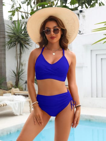Две части дамски бански с връзки – луксозен, с подплатени чашки, найлон/полиестер 80/20, подплата 20% еластан, без ръкави, едноцветен модел