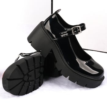 Pantofi Mary Jane cu toc înalt, vârf rotund, vamp din piele sintetică, toc gros de 6–8 cm, partea superioară joasă
