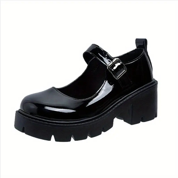 Pantofi Mary Jane cu toc înalt, vârf rotund, vamp din piele sintetică, toc gros de 6–8 cm, partea superioară joasă
