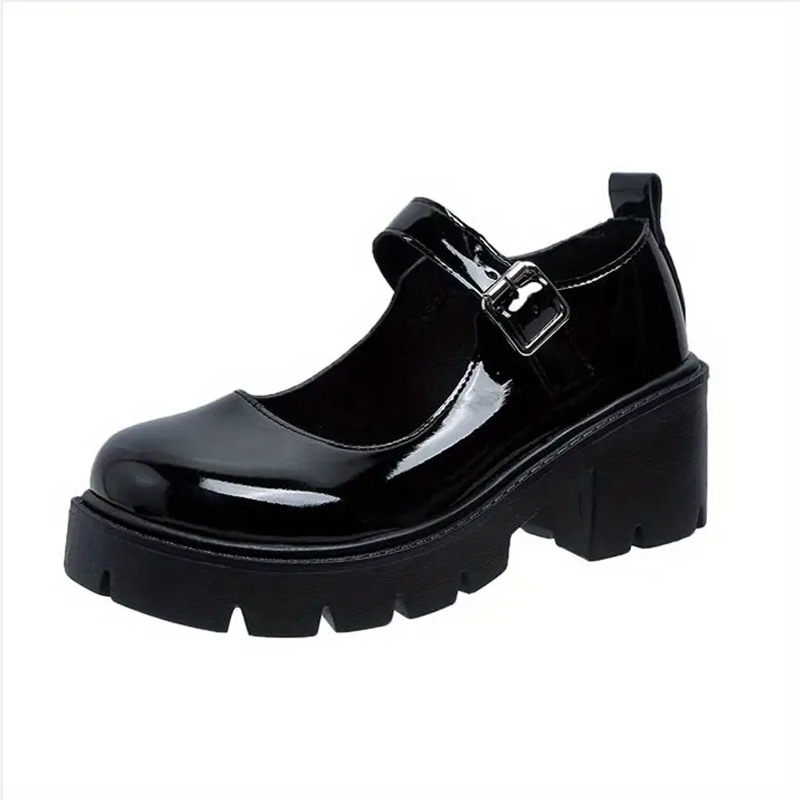 Pantofi Mary Jane cu toc înalt, vârf rotund, vamp din piele sintetică, toc gros de 6–8 cm, partea superioară joasă