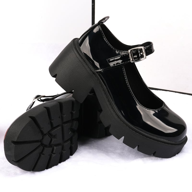 Pantofi Mary Jane cu toc înalt, vârf rotund, vamp din piele sintetică, toc gros de 6–8 cm, partea superioară joasă