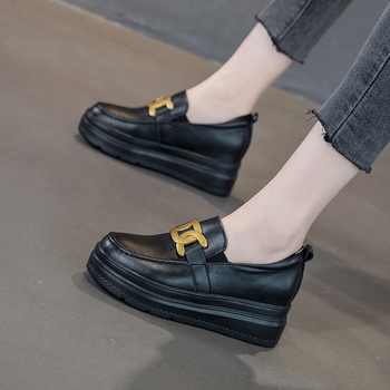 Γυναικείοι loafers από δέρμα βοείου, στρογγυλή μύτη, πλατφόρμα 6-8 cm, κορεατικού στυλ