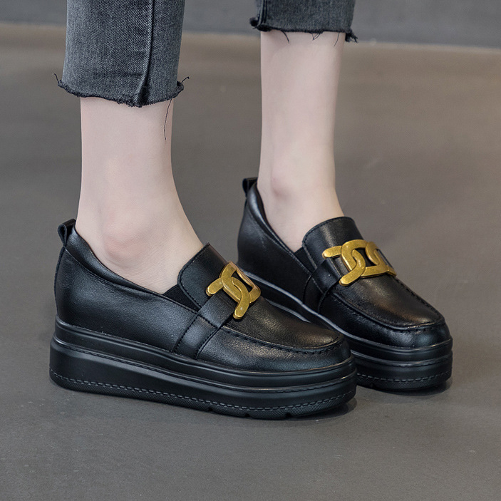 Γυναικείοι loafers από δέρμα βοείου, στρογγυλή μύτη, πλατφόρμα 6-8 cm, κορεατικού στυλ