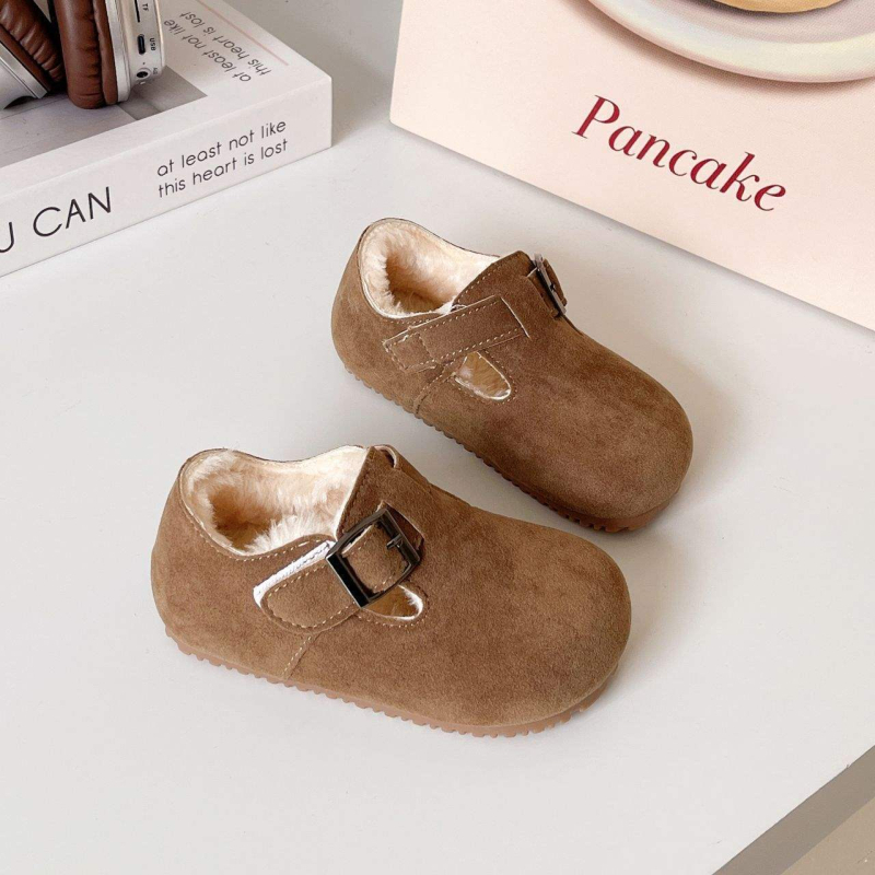 Pantofi pentru copii, căptușiți cu fleece, vârf pătrat, închidere Velcro, talpă din cauciuc, gleznă medie