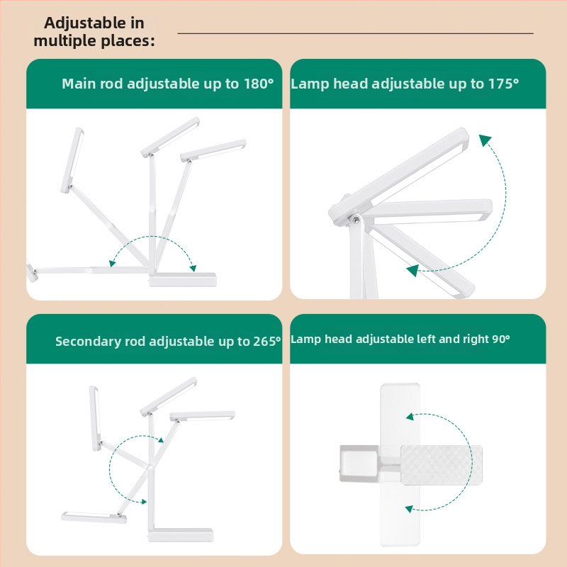 Sklopiva LED stolna lampa za učenje s ugrađenom baterijom, dodirni prekidač, plastično sjenilo, snaga 6–10 W, moderni minimalistički stil
