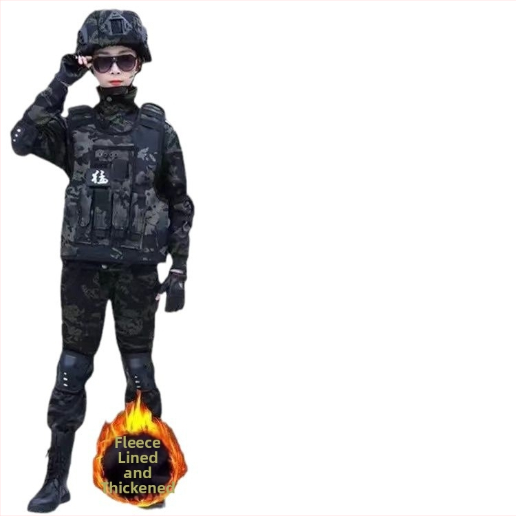 Dječji kamufljažni trening komplet — zimski flis, vojničkog stila, za djecu 8+ godina, mekana obrada tkanine Vinylon