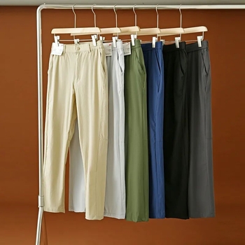 Pantaloni casual de lucru inspirați de stilul japonez, talie înaltă, croială dreaptă, material stretch din nailon-spandex, culoare solidă