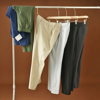 Pantaloni casual de lucru inspirați de stilul japonez, talie înaltă, croială dreaptă, material stretch din nailon-spandex, culoare solidă