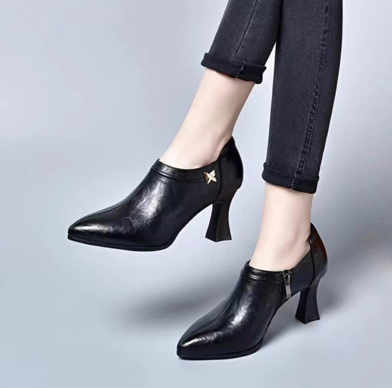 Pantofi femei cu vârf ascuțit din piele de vită, toc gros, talpă din cauciuc, branț din microfibră de piele, origine Wenzhou