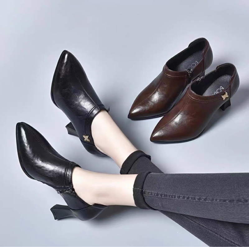 Pantofi femei cu vârf ascuțit din piele de vită, toc gros, talpă din cauciuc, branț din microfibră de piele, origine Wenzhou