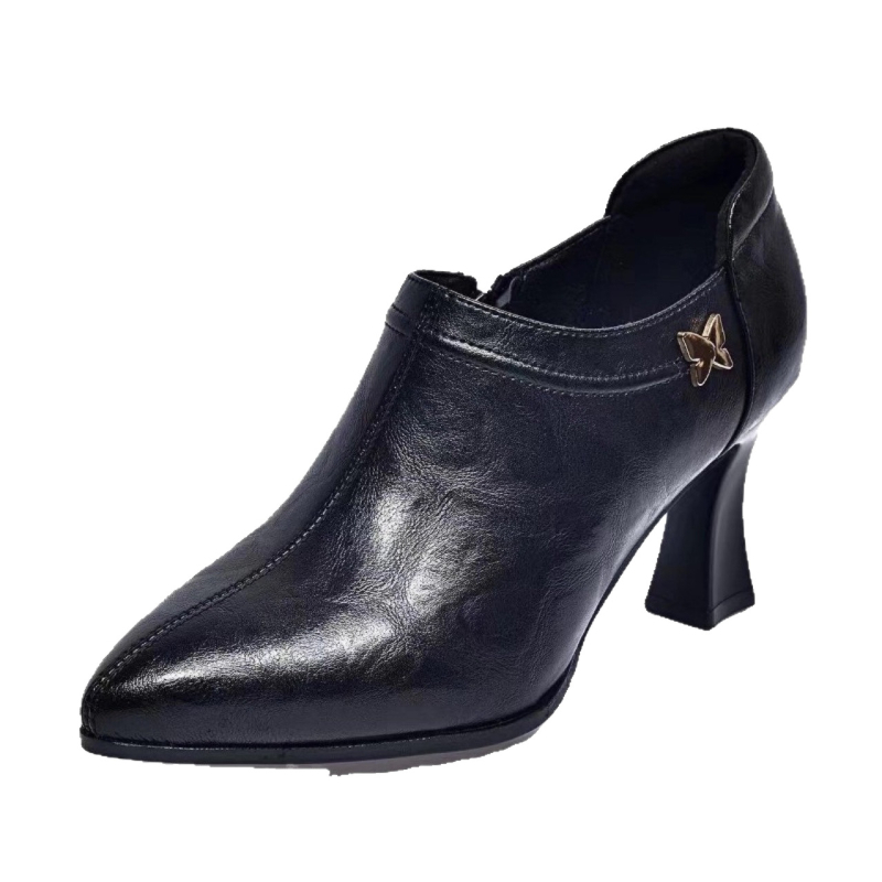 Pantofi femei cu vârf ascuțit din piele de vită, toc gros, talpă din cauciuc, branț din microfibră de piele, origine Wenzhou