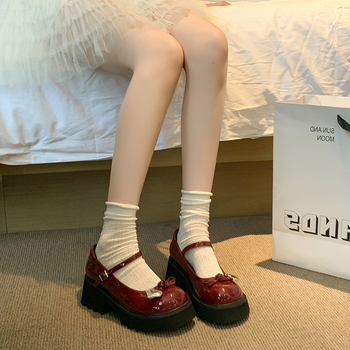 Pantofi Mary Jane pentru femei, cu vârf rotund, toc gros de 6-8 cm, partea superioară din Super Fiber, talpă din cauciuc