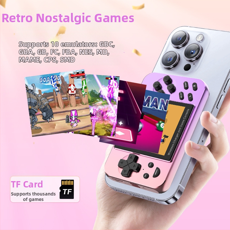 Retro prenosná herná konzola s vstavanými hrami, 5000mAh magnetické bezdrôtové nabíjanie, USB Type-C OTG, káblové pripojenie, MP4 video prehrávač