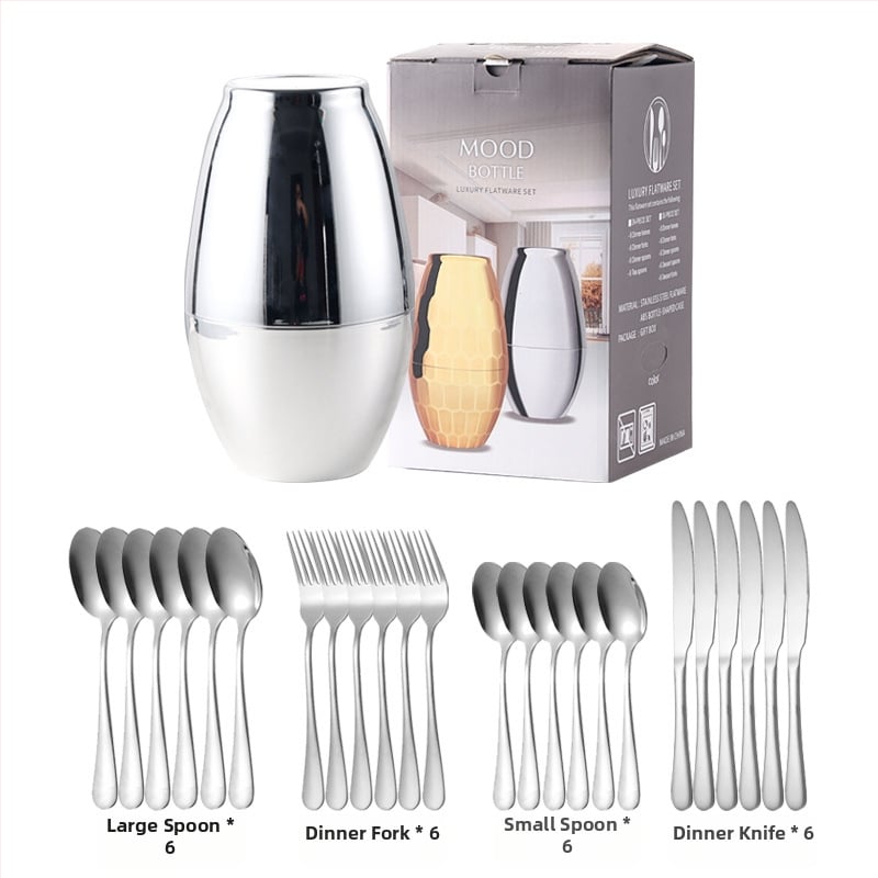 Σετ μαχαιροπίρουνα από ανοξείδωτο ατσάλι 24 τεμαχίων – μαχαίρι, πιρούνι και κουτάλι; 410 ανοξείδωτος χάλυβας, ελαφρύ φινίρισμα με κύλινδρο κάνναβης, μοντέρνο απλό στυλ