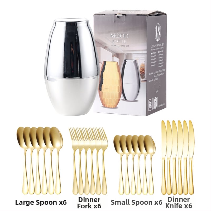 Σετ μαχαιροπίρουνα από ανοξείδωτο ατσάλι 24 τεμαχίων – μαχαίρι, πιρούνι και κουτάλι; 410 ανοξείδωτος χάλυβας, ελαφρύ φινίρισμα με κύλινδρο κάνναβης, μοντέρνο απλό στυλ