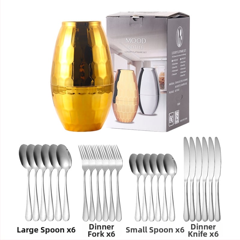 Σετ μαχαιροπίρουνα από ανοξείδωτο ατσάλι 24 τεμαχίων – μαχαίρι, πιρούνι και κουτάλι; 410 ανοξείδωτος χάλυβας, ελαφρύ φινίρισμα με κύλινδρο κάνναβης, μοντέρνο απλό στυλ