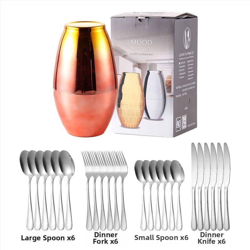 Σετ μαχαιροπίρουνα από ανοξείδωτο ατσάλι 24 τεμαχίων – μαχαίρι, πιρούνι και κουτάλι; 410 ανοξείδωτος χάλυβας, ελαφρύ φινίρισμα με κύλινδρο κάνναβης, μοντέρνο απλό στυλ