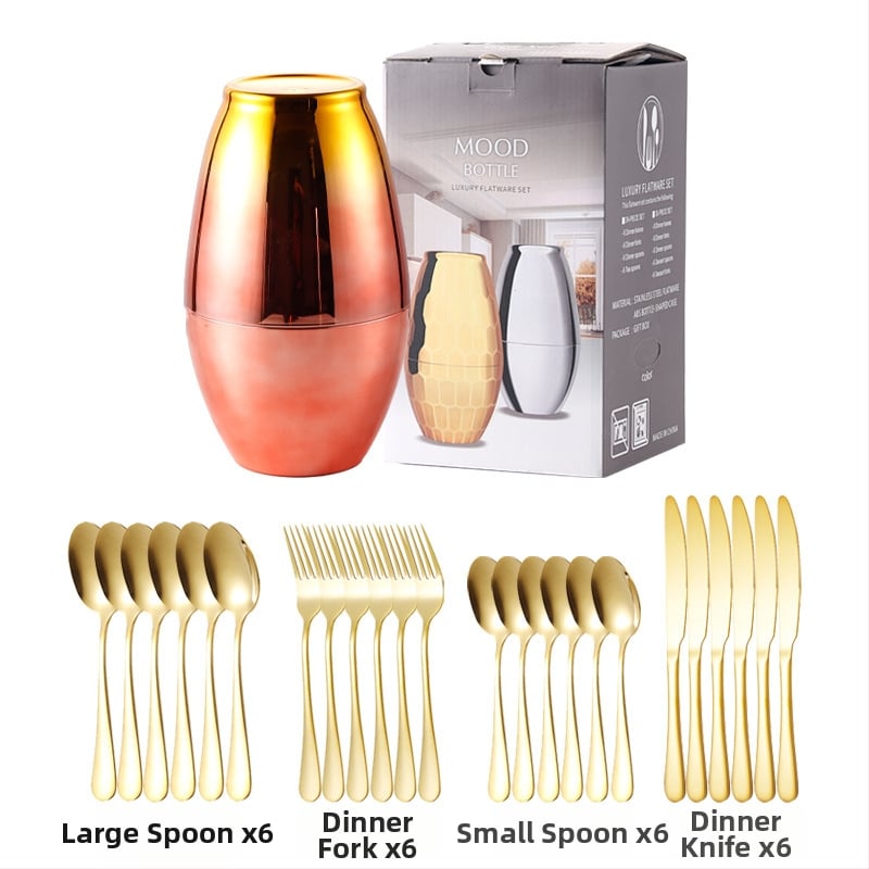 Σετ μαχαιροπίρουνα από ανοξείδωτο ατσάλι 24 τεμαχίων – μαχαίρι, πιρούνι και κουτάλι; 410 ανοξείδωτος χάλυβας, ελαφρύ φινίρισμα με κύλινδρο κάνναβης, μοντέρνο απλό στυλ