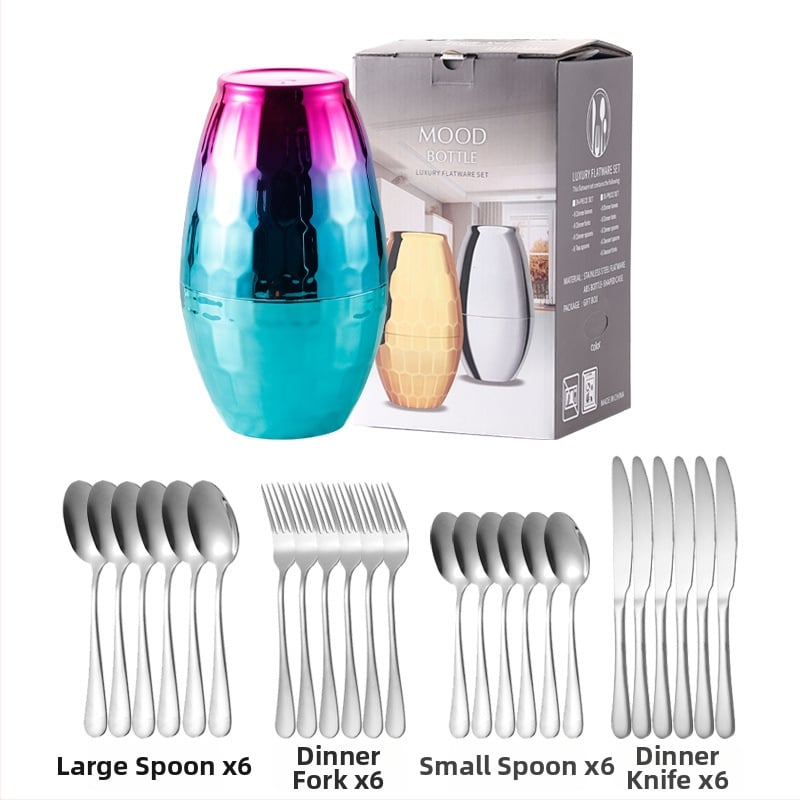 Σετ μαχαιροπίρουνα από ανοξείδωτο ατσάλι 24 τεμαχίων – μαχαίρι, πιρούνι και κουτάλι; 410 ανοξείδωτος χάλυβας, ελαφρύ φινίρισμα με κύλινδρο κάνναβης, μοντέρνο απλό στυλ