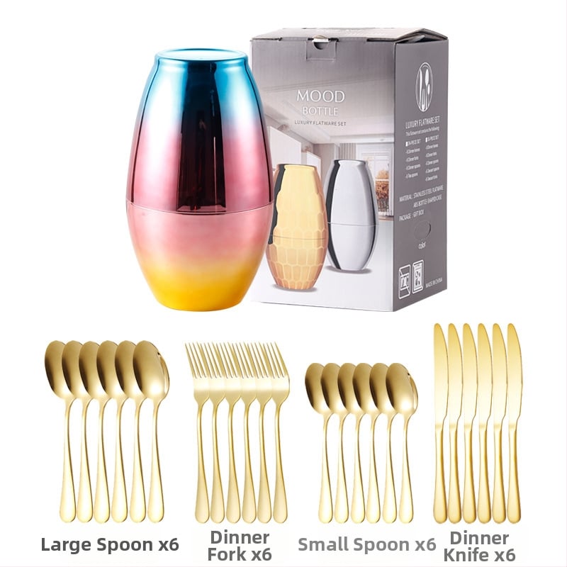 Σετ μαχαιροπίρουνα από ανοξείδωτο ατσάλι 24 τεμαχίων – μαχαίρι, πιρούνι και κουτάλι; 410 ανοξείδωτος χάλυβας, ελαφρύ φινίρισμα με κύλινδρο κάνναβης, μοντέρνο απλό στυλ