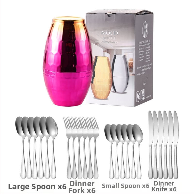 Σετ μαχαιροπίρουνα από ανοξείδωτο ατσάλι 24 τεμαχίων – μαχαίρι, πιρούνι και κουτάλι; 410 ανοξείδωτος χάλυβας, ελαφρύ φινίρισμα με κύλινδρο κάνναβης, μοντέρνο απλό στυλ