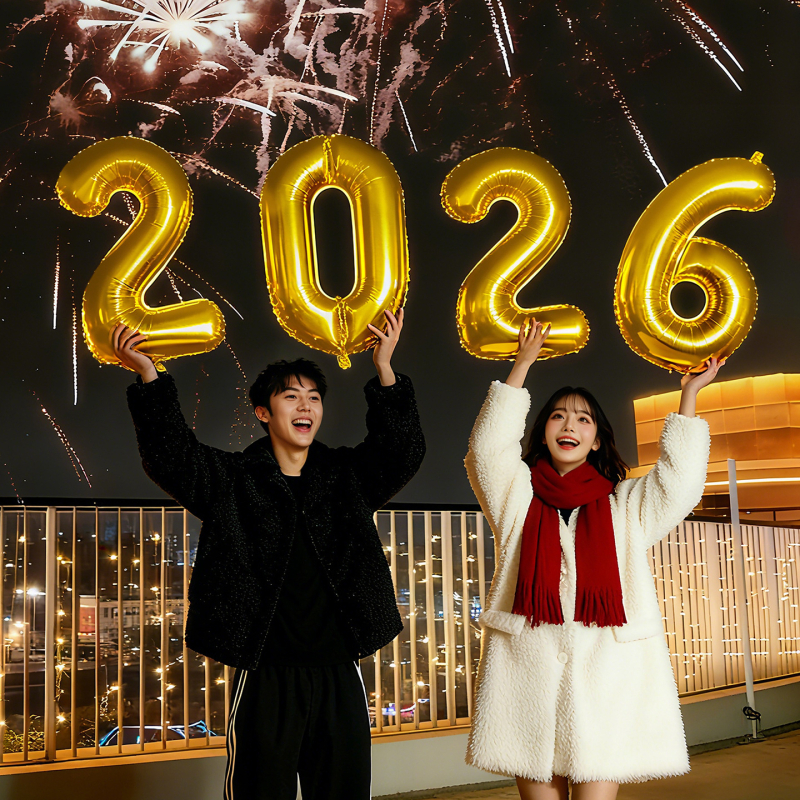 Prop foto de mână pentru Anul Nou, cu flori de satin — decor scenă cu baloane pentru atmosfera de Anul Nou