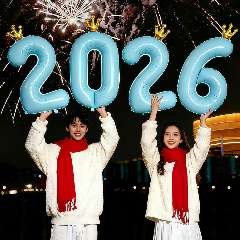 Prop foto de mână pentru Anul Nou, cu flori de satin — decor scenă cu baloane pentru atmosfera de Anul Nou