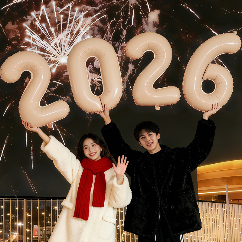 Prop foto de mână pentru Anul Nou, cu flori de satin — decor scenă cu baloane pentru atmosfera de Anul Nou