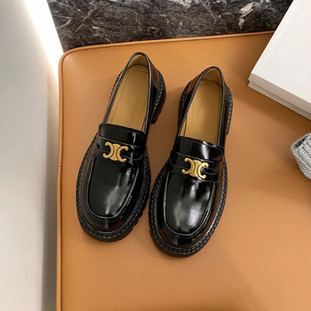 Pantofi loafers din piele pentru femei, stil colegiu, vârf rotund, toc mediu 3–5 cm, partea superioară din piele, talpă din cauciuc, slip-on