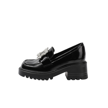 Loafers cu cataramă dreptunghiulară din cristale, talpă groasă cu înălțime internă, partea superioară din microfibră, vârf pătrat, toc 6-8 cm