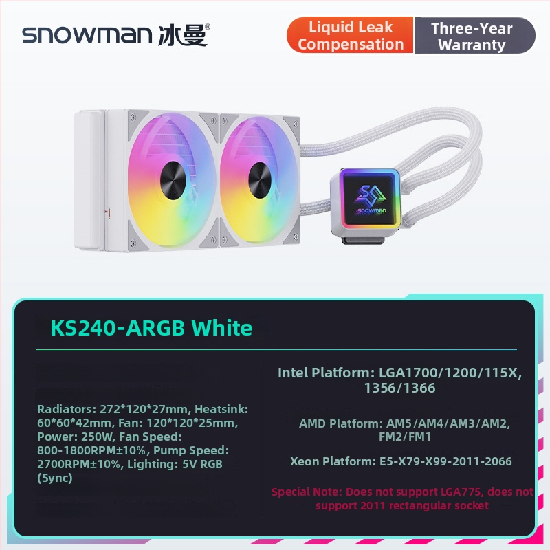 Snowman KS240 CPU vodeni hladnjak radiator, bakar-aluminijski spoj, tih 20-35 dBA, 800-1800 rpm, multiplatformska kompatibilnost