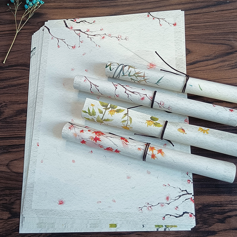 Levélpapír Zen ihletésű, kézzel festett virágokkal, kétoldalas, kínai boríték-stílus, Years Square