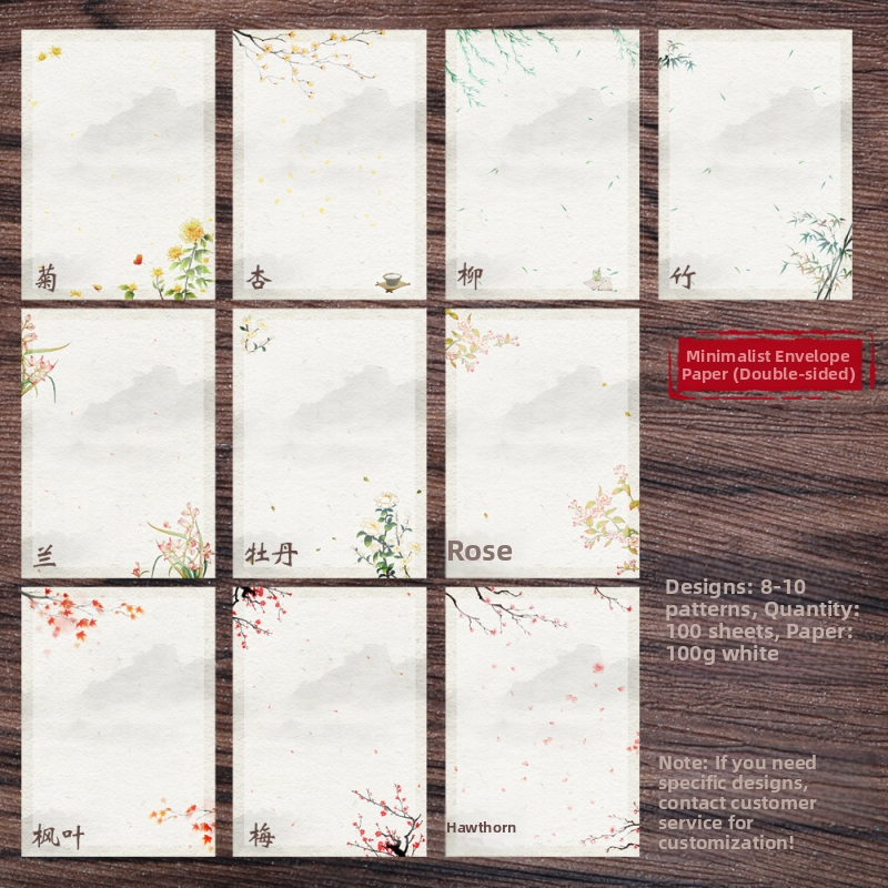 Písací papier so zen inšpiráciou, ručne maľované kvety, obojstranný, čínskeho štýlu obálky, Years Square