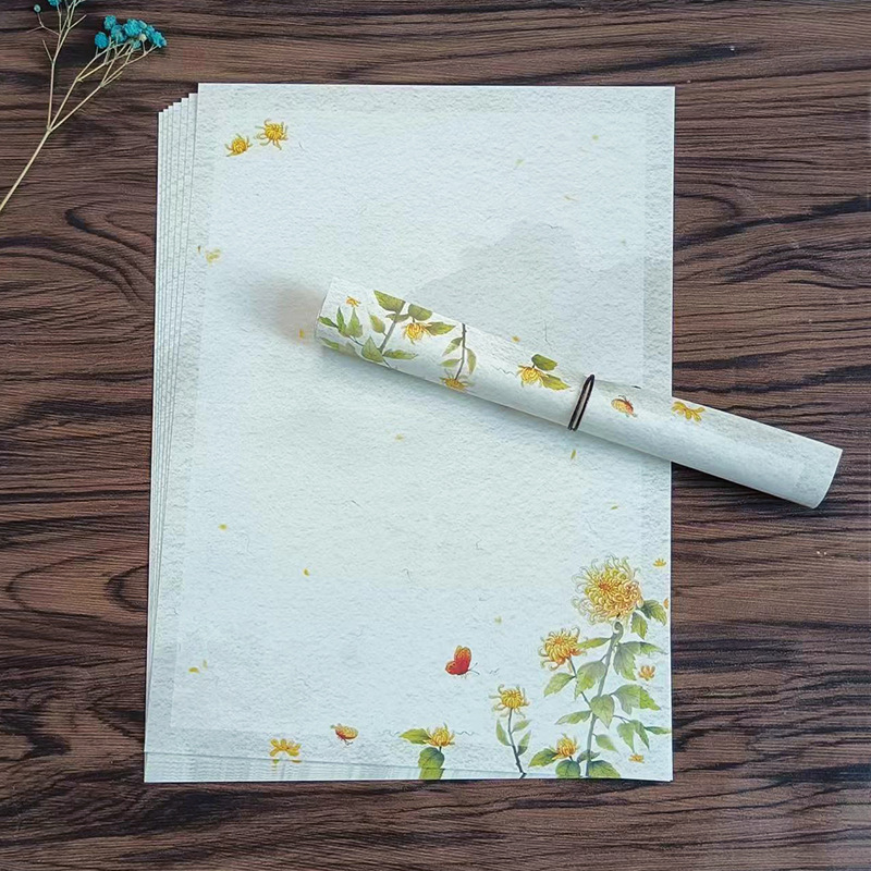 Levélpapír Zen ihletésű, kézzel festett virágokkal, kétoldalas, kínai boríték-stílus, Years Square