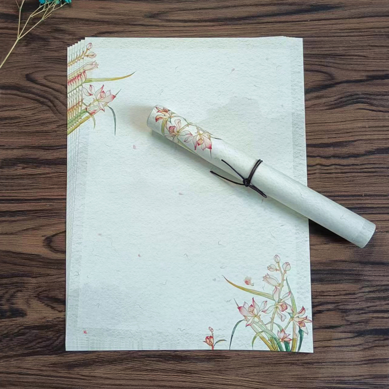 Levélpapír Zen ihletésű, kézzel festett virágokkal, kétoldalas, kínai boríték-stílus, Years Square
