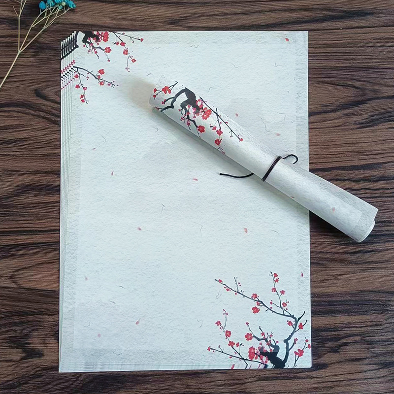 Levélpapír Zen ihletésű, kézzel festett virágokkal, kétoldalas, kínai boríték-stílus, Years Square