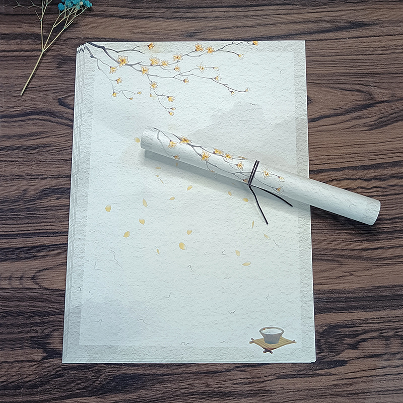 Levélpapír Zen ihletésű, kézzel festett virágokkal, kétoldalas, kínai boríték-stílus, Years Square