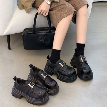 Loaferi dama, stil coreean, piele de vacă, vârf rotund, toc gros 6–8 cm