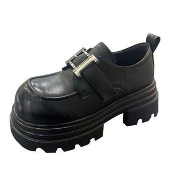 Loaferi dama, stil coreean, piele de vacă, vârf rotund, toc gros 6–8 cm