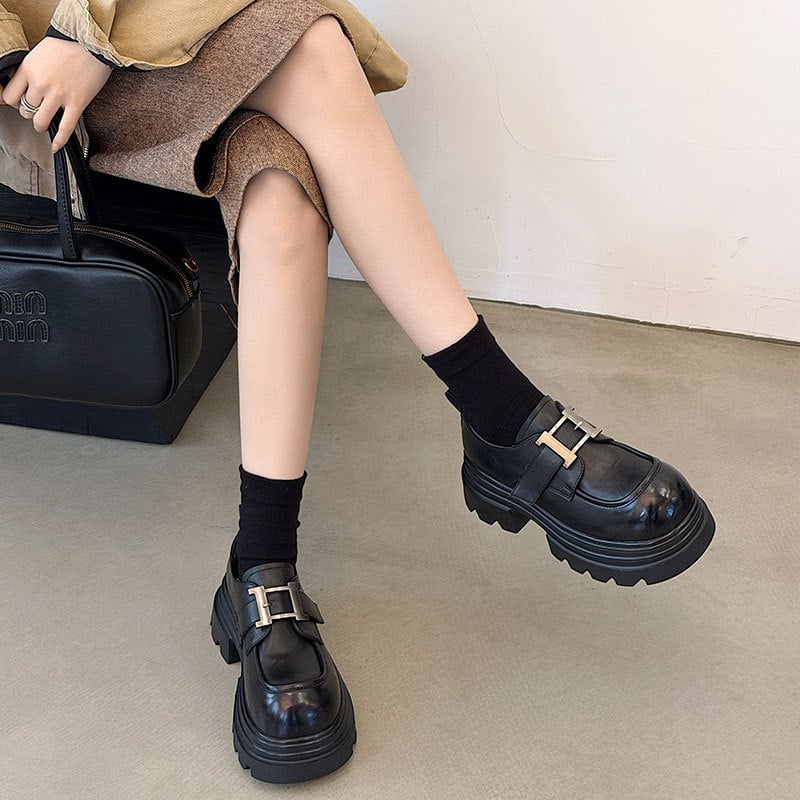 Loaferi dama, stil coreean, piele de vacă, vârf rotund, toc gros 6–8 cm